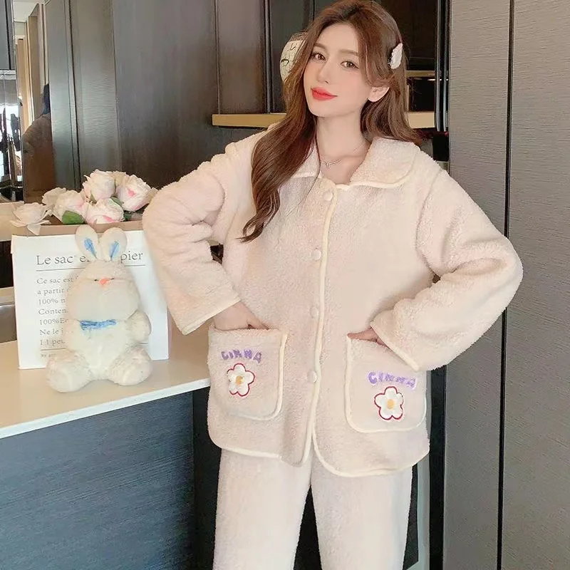 2023 New Pajama Sets Women Winter Flannel Pyjamas Thick Warm Long Sleeve Female Home Clothes Pijamas