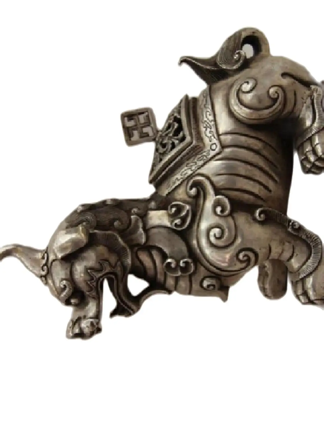 

China White Copper Silver Lucky kylin unicorn Foo Dog Lion Incense Burner Censer