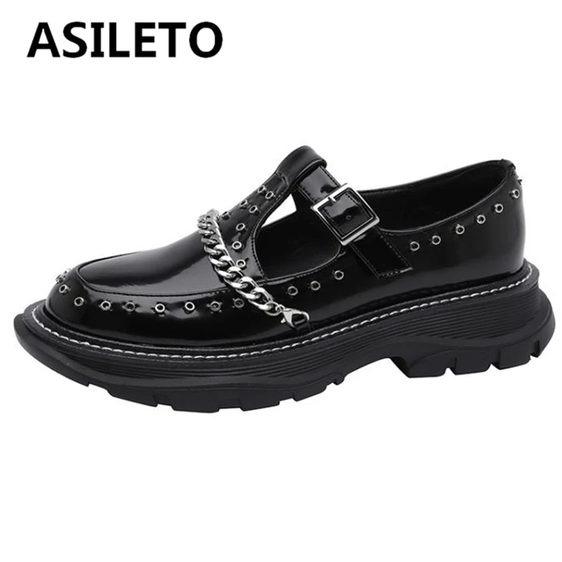 

ASILETO Lady Platform Shoes Pumps Round Toe Thick Heels Patent Leather Buckle Strap Size 34-42 Chains Black Beige Spring S3003