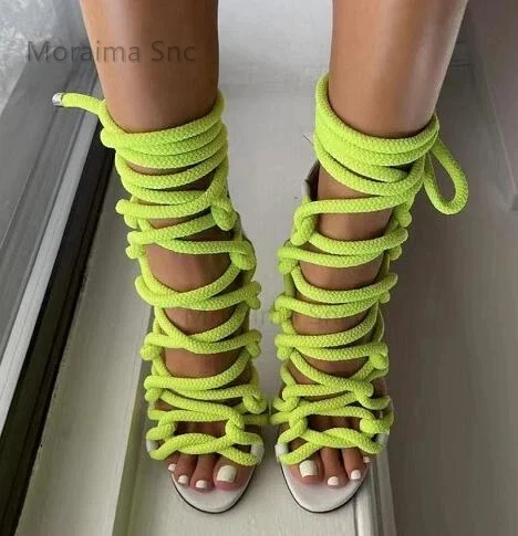 

Thick Rope Ankle Strap Gladiator Sandals Solid Colour Sheepskin Inside Lining Summer Shoes Pointed Toe Zipper Sandals for Party