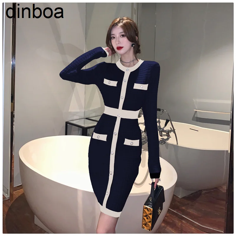 

Dinboa-2022 Autumn and Winter New Comfortable Slim Fashion High Waist Dress Contrast Color Design Knitted Casual Sexy Dress