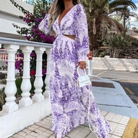 women tunic beach cover up 2022 summer sexy v neck backless hollow out lantern sleeve maxi dress female club party long dresses