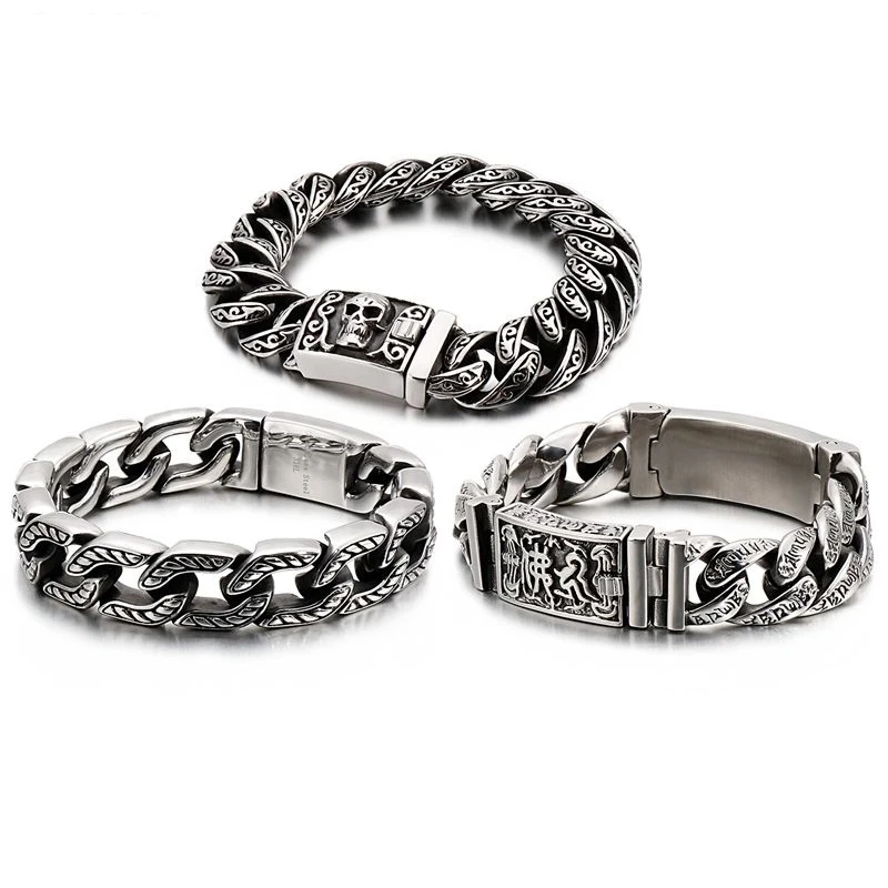 Тяжелый браслет 15 мм в стиле ретро панк с черным черепом мужской модный из