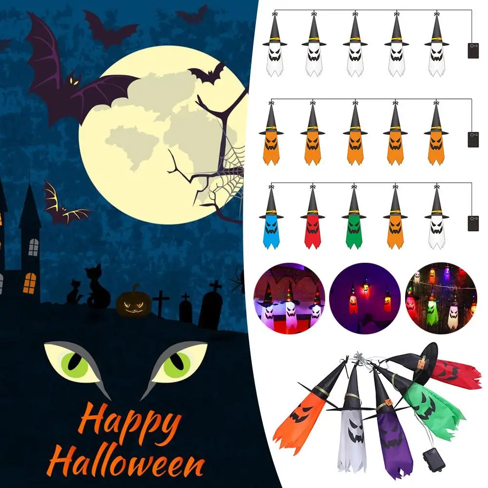 

Halloween Horror Witch Hat Lights String 5 LED Glowing Lamp Hanging Porch Ghost Yard Tree Decoration Lamp Flashing Outdoor Z6H5