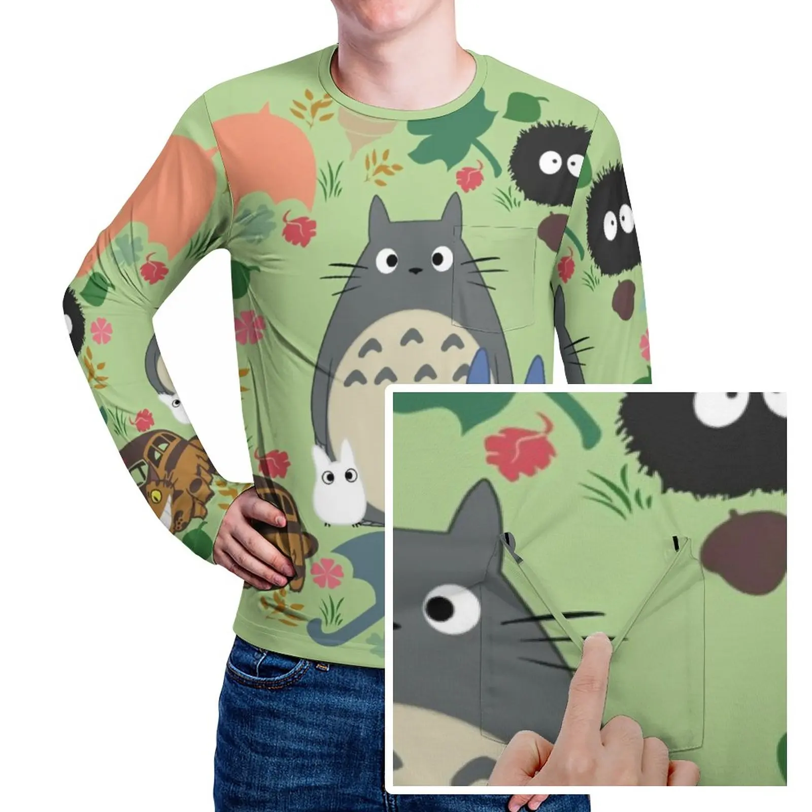 

Green Totoro Wreath T Shirt With Pocket Umbrella Anime Print Fashion T-Shirts EMO Tee Shirt Long Sleeve Graphic Tops Plus Size