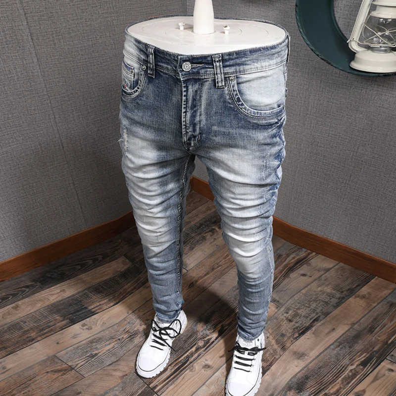 Fashion Designer Mens Jeans Retro Light Blue Stretch Slim Fit Printed Ripped Hole Denim Trousers Vintage Casual Pants Hombre