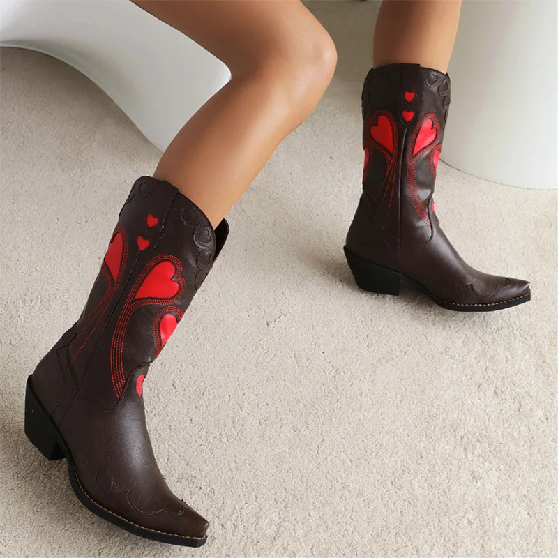 Women Mid Calf Boots Winter 2022 Designer Luxury Middle Heel Women Shoes Elegant Ethnic Style Banquet Lady Western Cowboy Boots