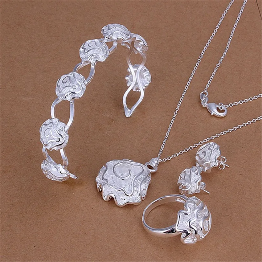 

925 Sterling Silver rings Bracelets necklaces earrings stud Jewelry set for women rose flower pendant bangle Fashion Party gifts