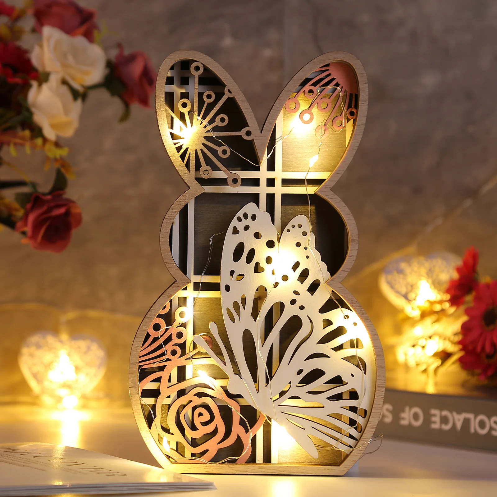 

3D Decorative Rabbits Figurines with Light Wooden Lightup Bunny Carving Crafts Christmas Gifts Hollow Ornaments for Home Office