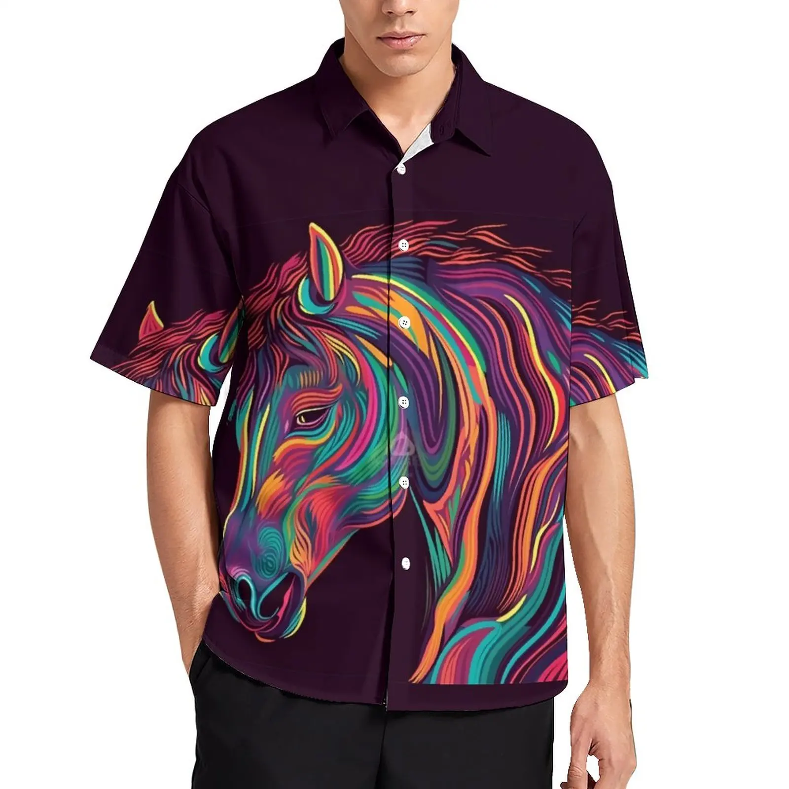 

Horse Loose Shirt Male Beach Psychedelic Lines Portraits Casual Shirts Hawaii Design Short Sleeve Street Style Oversized Blouses