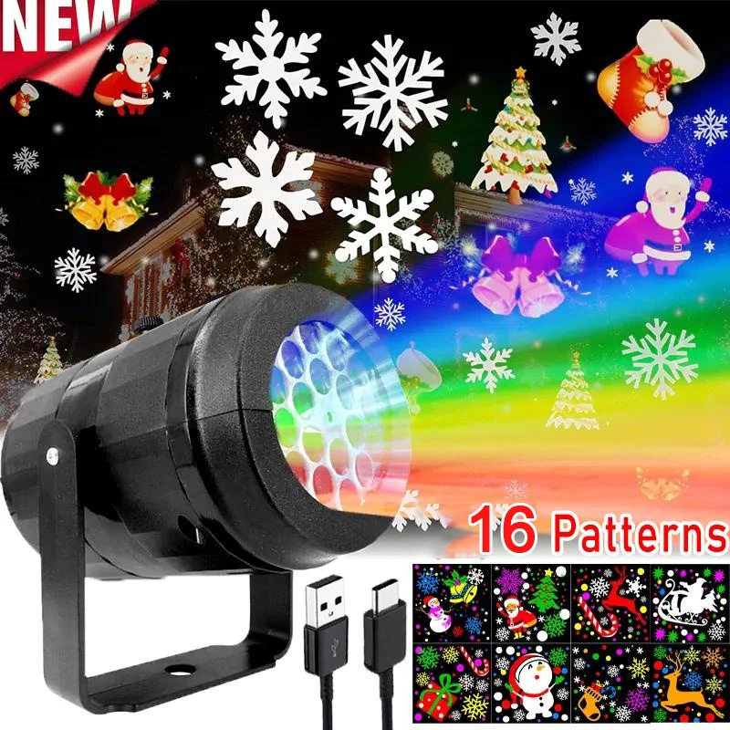 

16 Patterns LED Projector Lights Christmas Snowflake Projection Spotlight for Holiday Party USB Rechargeab Home Decor Star Light