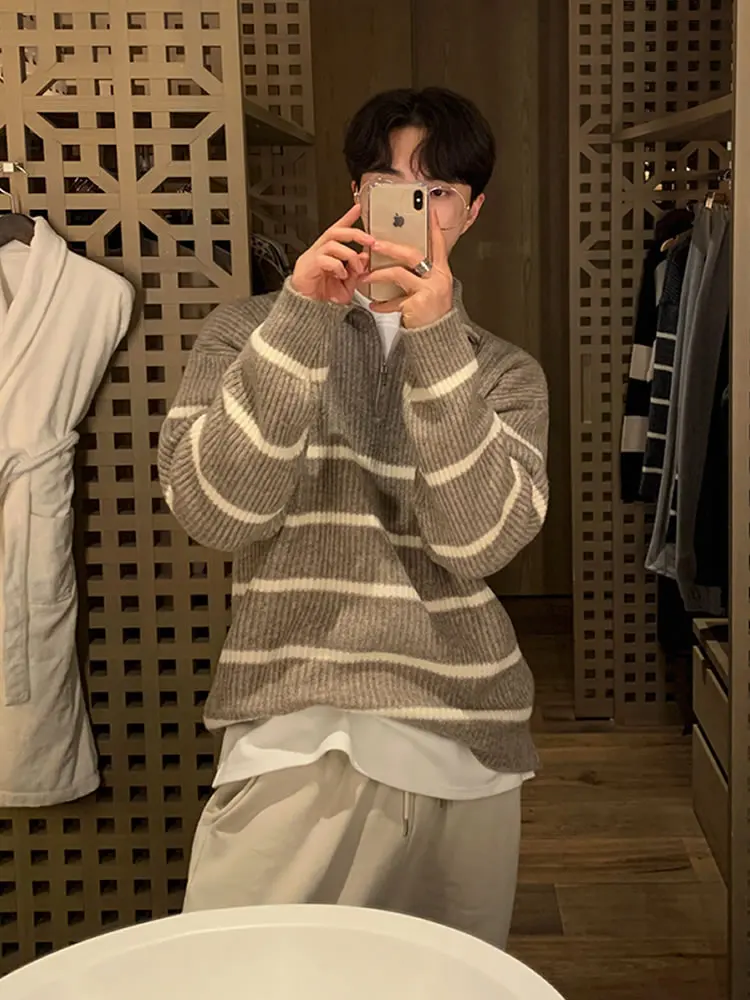 Мужской вязаный свитер с лацканами универсальный Полосатый пуловер в Корейском
