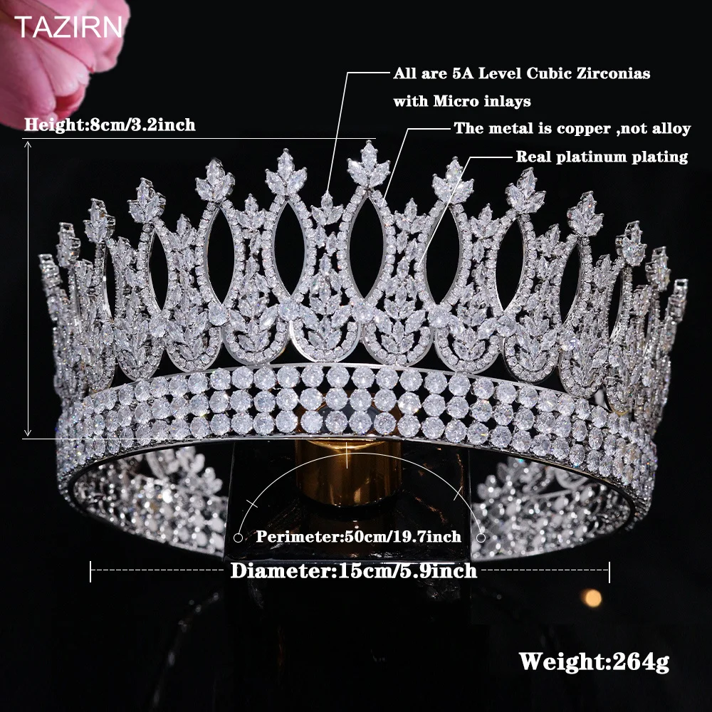 Фото TAZIRN полностью кубический цирконий, свадебные большие круглые короны и диадемы, головной убор принцессы и королевы с цирконием, аксессуары для волос, подарок для женщин №5