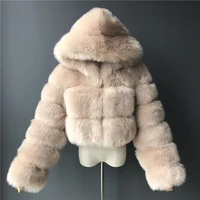 cropped hooded faux fur coat faux fox fur long sleeve plush coat
