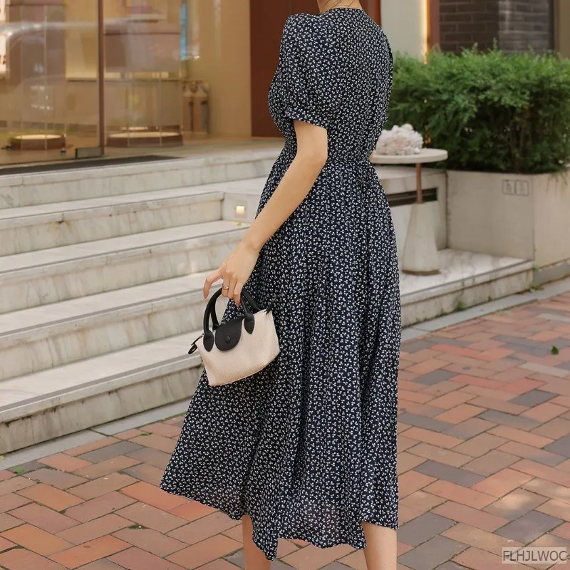 Женское длинное платье с цветочным принтом элегантное черное шикарное корейское