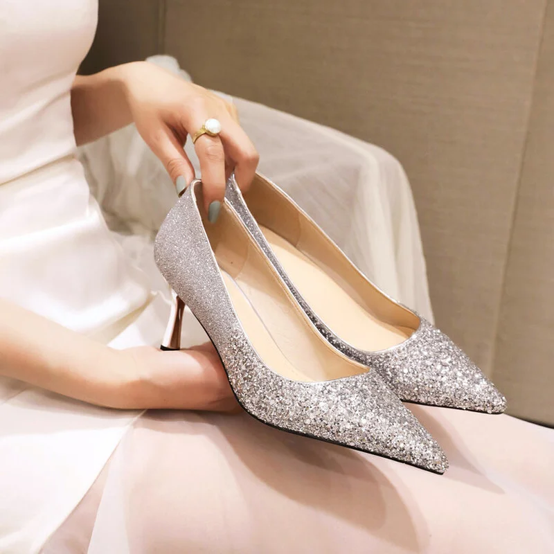 

LeShion Of Chanmeb Small Big Size 33-45 Womens Silver Glitter Pumps Thin High Heels Bling Bling Gold Sequined Shoes Lady Wedding