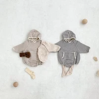 2022 autumn new girl infant striped long sleeve bodysuit boy toddler casual hooded romper baby cotton big pocket jumpsuit outfit