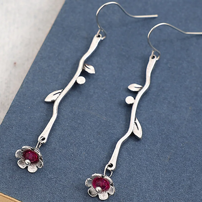 

Fashion Carving Roseflower Inlaid with Pink Red Zircon Earrings Vintage Silver Color Metal Branch Dangle Earrings