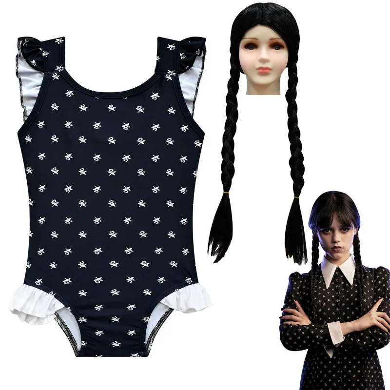 

New Summer Teenager Girl Swimwear Round Collar Swimsuit Seaside Vacation Conservative 1pcs Black Print Bikini+Wig E20309