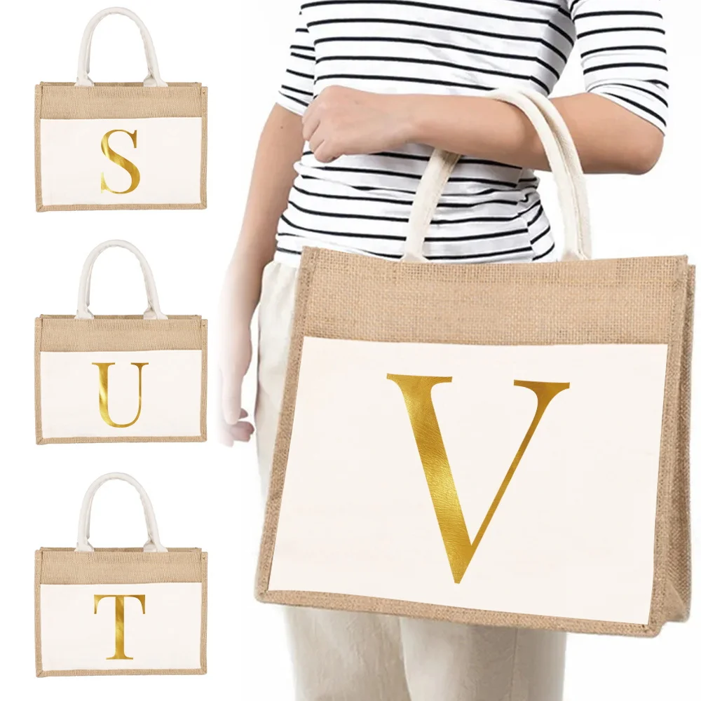 

Shopping Bag Large Capacity Picnic Bag Women's Tote Bag Reusable Linen Shoulder Bag Letter Print Pattern Supermarket Shoppin Bag