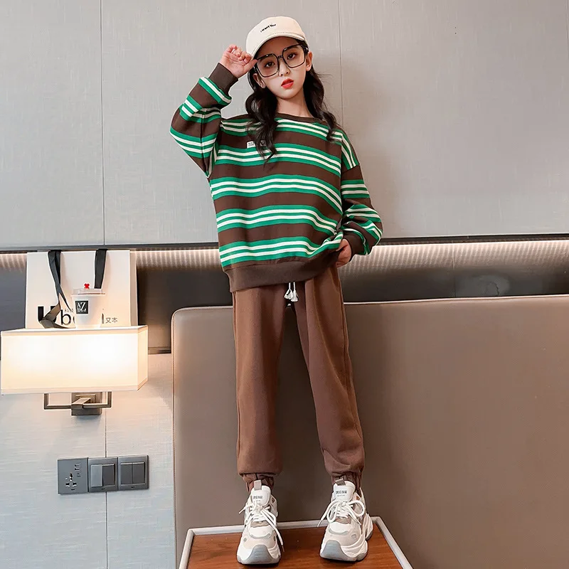 

Spring Fashion Sportswear Set Casual Striped Sweatshirt Pullover + Sweatpant 2pcs Teen Girls Clothes Crewneck Top Pant Set 4-14Y