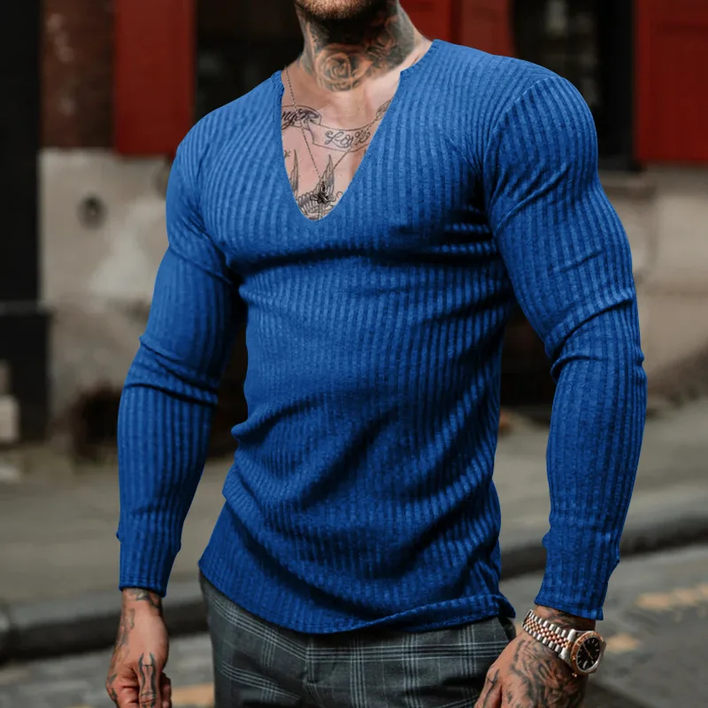 Мужская Трикотажная футболка с V-образным вырезом и длинным рукавом