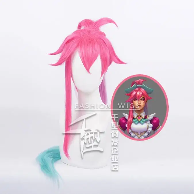 

Парики для косплея игры LOL Cafe Cutie Sivir, женские длинные прямые, ярко-розовые, с градиентом, зеленый конский хвост, Синтетические Искусственные волосы