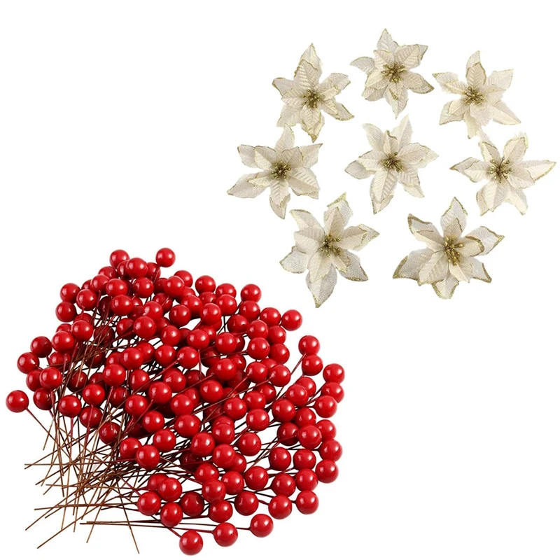

AFBC 20Pcs Artificial Wedding Christmas Flowers Wreaths (Gold) & 200 Pcs Holly Berries Artificial Berries For Christmas