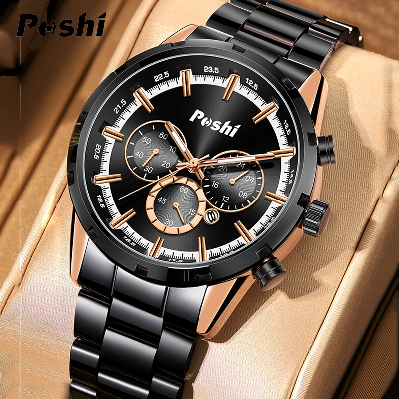 

POSHI 912 Men Quartz Watch Luxury Stainless Steel Man Wristwatches Calendar Luminous Hands Sport Clock Fashion Original Watches