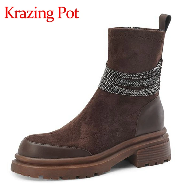 

Krazing Pot Cow Leather Flock Round Toe Thick High Heels Chelsea Boots Chains England Style Splicing Non-slip Zipper Ankle Boots
