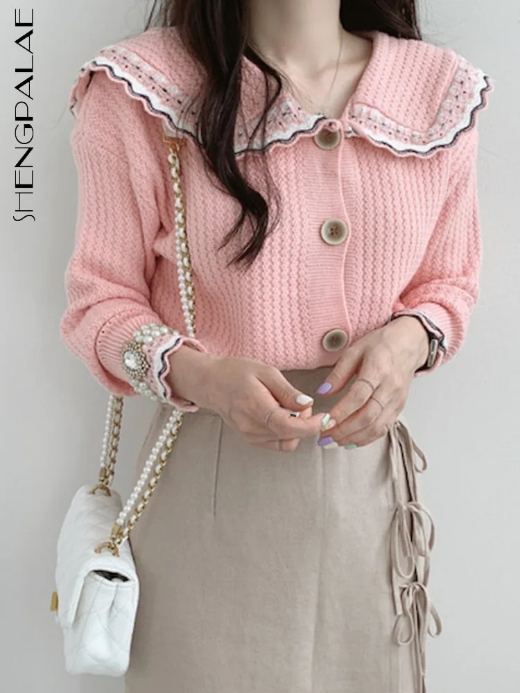 

SHENGPALAE, милый вязаный свитер контрастного цвета, женский свободный свитер с длинными рукавами и пуговицами, пальто с воротником в стиле Пите...