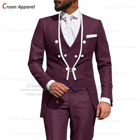 Пурпурный костюм для мужчин, облегающие элегантные вечерние свадебные смокинги, Блейзер, жилет, брюки, комплект из трех предметов, жакеты для певицы
