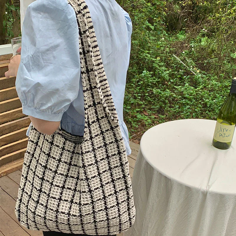 Black and White Plaid Shoulder Shopping Bag Designer Women's Korean Street Style Casual Tote Summer Trend Bright Color Wholesale