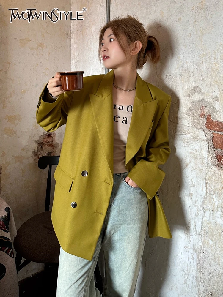 

Женский блейзер TWOTWINSTYLE, Осенний двубортный блейзер с отложным воротником и длинным рукавом