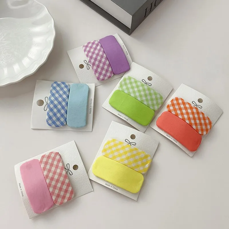 

2 Pcs Set Candy Colors Plaid Sweet Girl Princess Hairpins Fashion Cute Children Printed Lattice Fabric BB Clip Hair Accessories