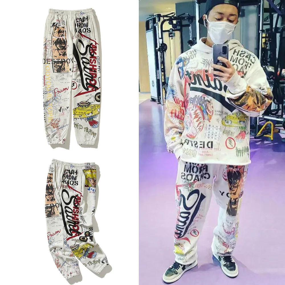 

Kanye West men and women with the same cartoon cartoon graffiti hand-painted retro terry casual pants fashion legging sweatpants