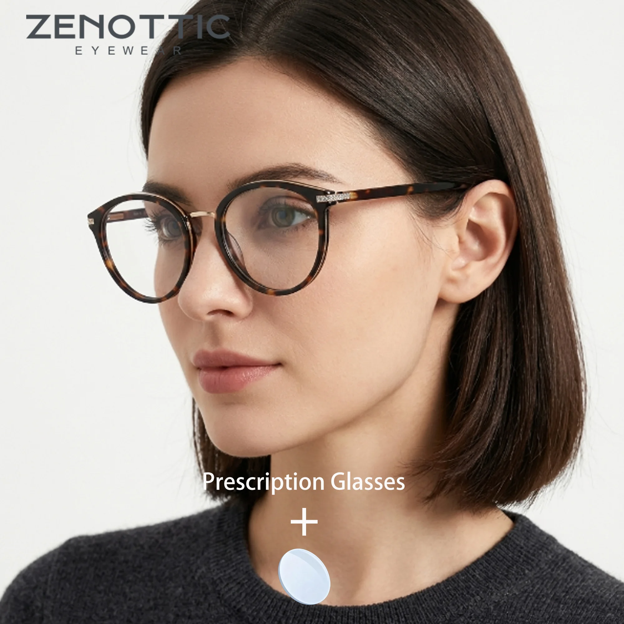 Фото Очки ZENOTTIC M размера, круглые, из ацетата, для женщин, с прогрессивными линзами, с защитой от синего света, для ежедневного использования. №1
