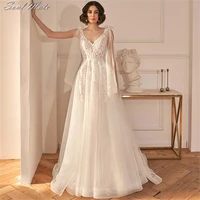 elegant lace tulle wedding dresses 2022 for women v neck bow straps appliqued illusion bridal gowns a line vestido de novia