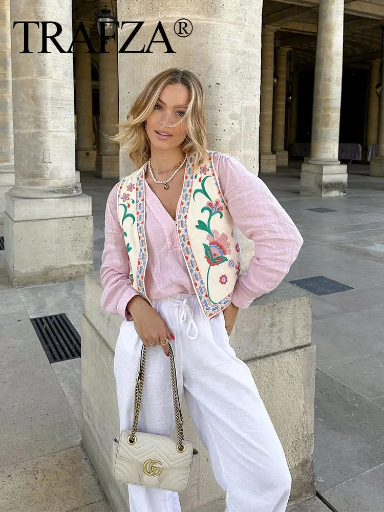 

TRAF ZA Women Fashion Y2k Vintage Embroidery Vest Top V Neck Loose Casual Summer Woman Floral Short Cardigan Waistcoat Chic Tops