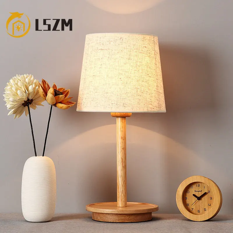 Wood Art Table Lamp Fabric LED Table Light Decoration Lighting LED Bulb Vintage Bedside Study LED Desk Lamp for Living Room Home