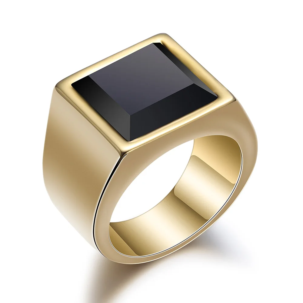 

Personality Geometric Square Fashion Trendy Men's Stainless Steel Polished Black Glass Square Titanium Steel Ring