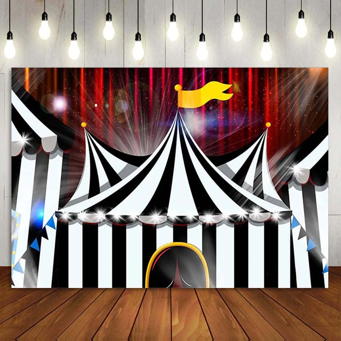 

Circus Tent Theme Black and White Stripe Red Curtain Halloween Baby Child Photography Backdrop Party Banner Background Photo