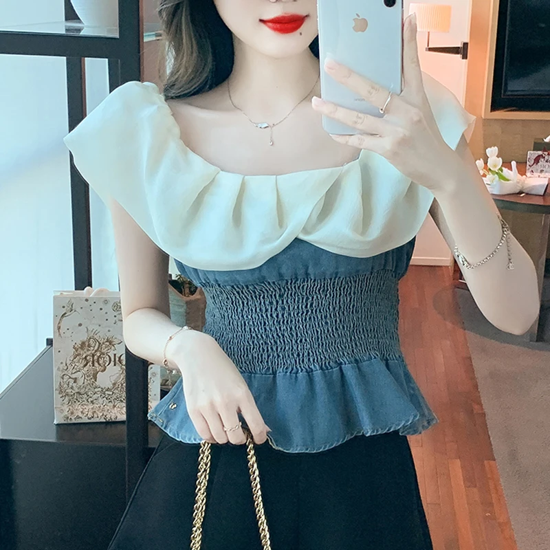 

Women Shirts Summer Short Puff Sleeve Clothes Sexy Slash Neck Off Shoulder Blouses French Style Sweet Chiffon Denim Tops 27671