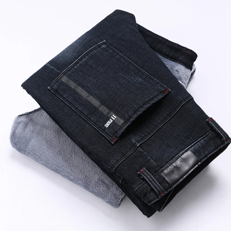 

Утепленные джинсы, мужские прямые брюки на осень и зиму, черные модные простые эластичные молодежные модные джинсовые брюки/теплые эксклюз...