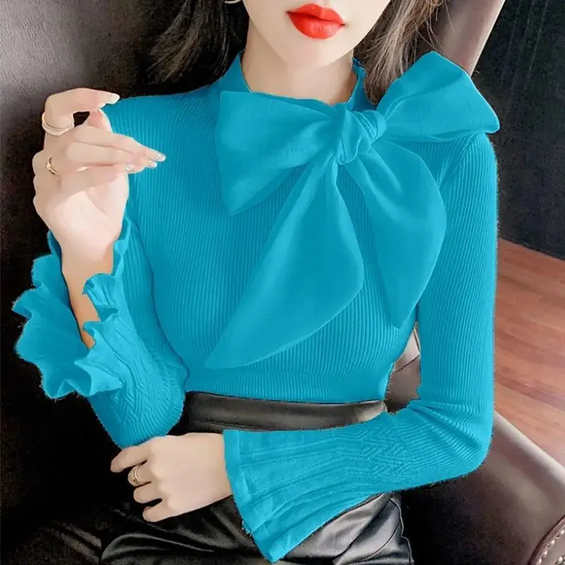 Bow knit women's autumn and winter 2022 new  bottom shirt with long-sleeved top  sweater mujer  sweater women  Bow  Polyester enlarge