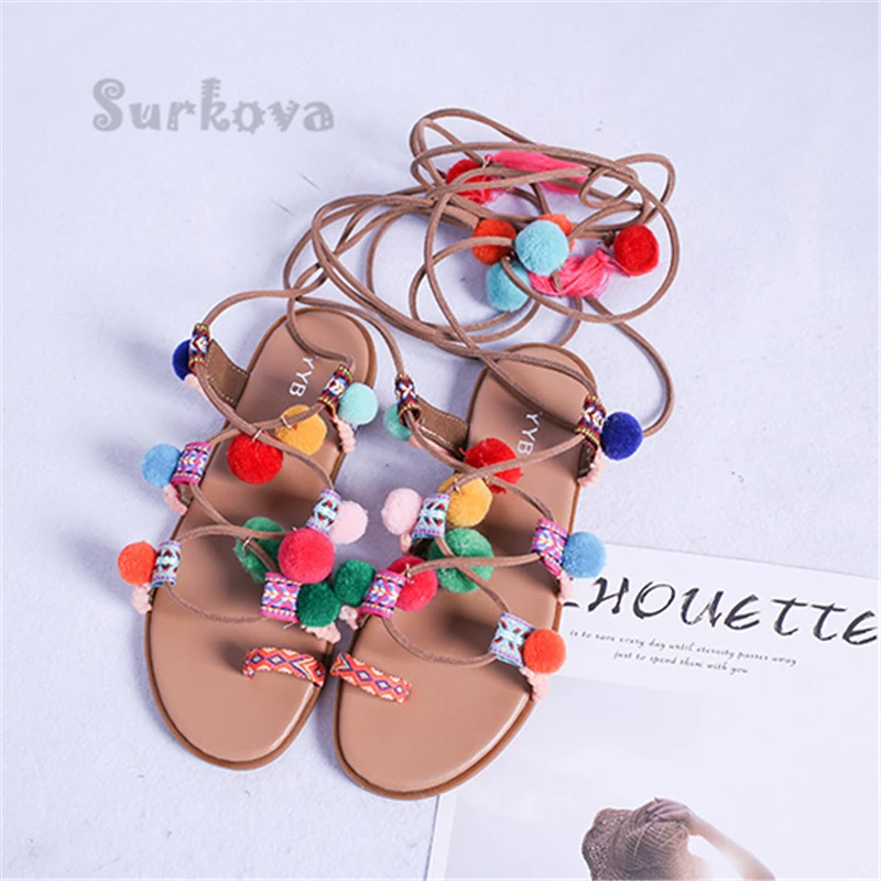 Bohemian Cross Strap Sandals Colorful Fur Ball Flip Flop Women's Flat Summer Pumps Rome Ethnic Style Round Toe Lace-Up Sandals