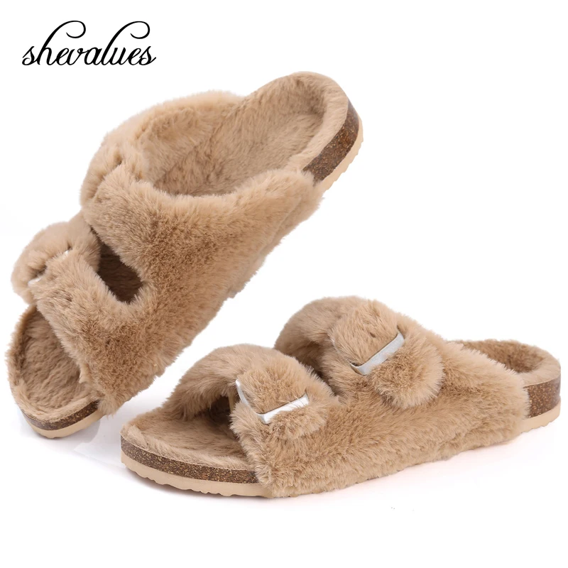 Shevalues New Plush Women's Slippers 2023 Summer Fashion Fur Sandals Indoor Fluffy Slipper Outdoor Adjustble Straps Flip Flop