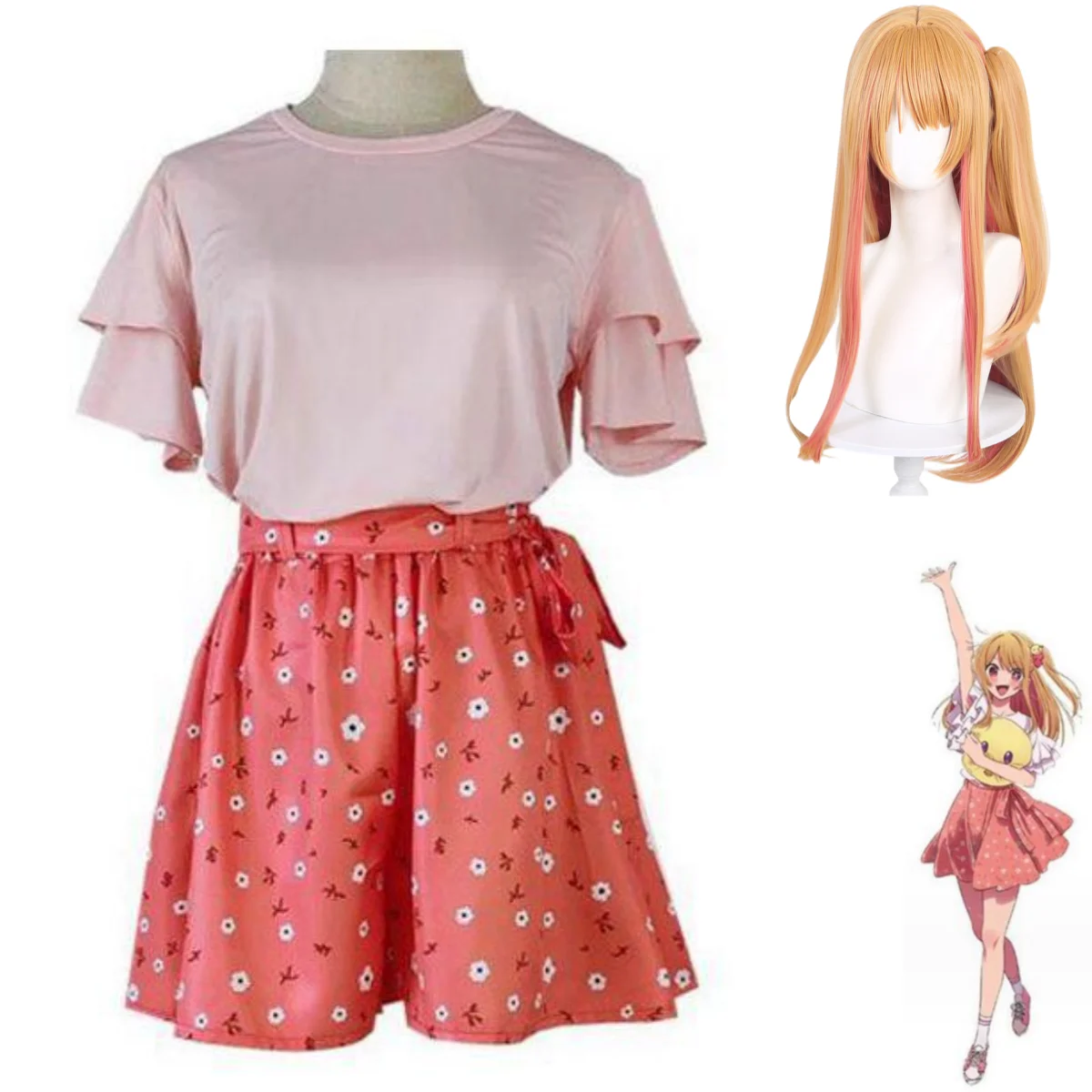 

Anime Oshi No Ko Hoshino Rubii Cosplay Costume Wig Daily Pink T-Shirt Trouser Skirt Woman Sexy Kawaii Leisure Party Suit