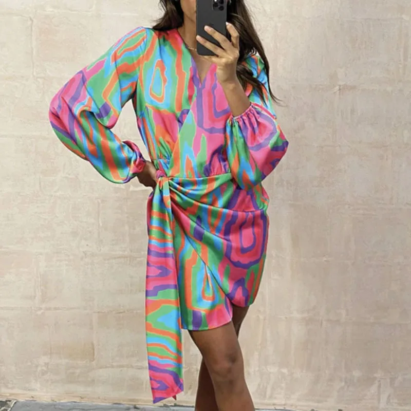 

Women's Dress Color Striped Printed Lace-up V-neck Bag Hip Holiday Style Long Sleeve Loose Asymmetric Split Dress Spring Sunmer