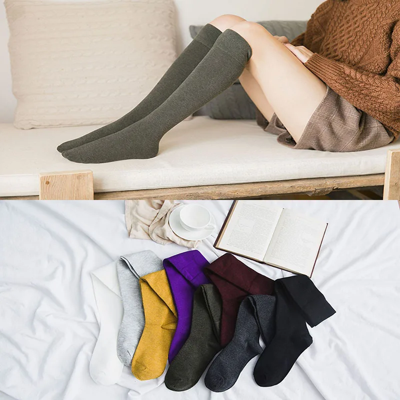 Носки хлопковые высокие однотонные тонкие носки средней и длинной длины в